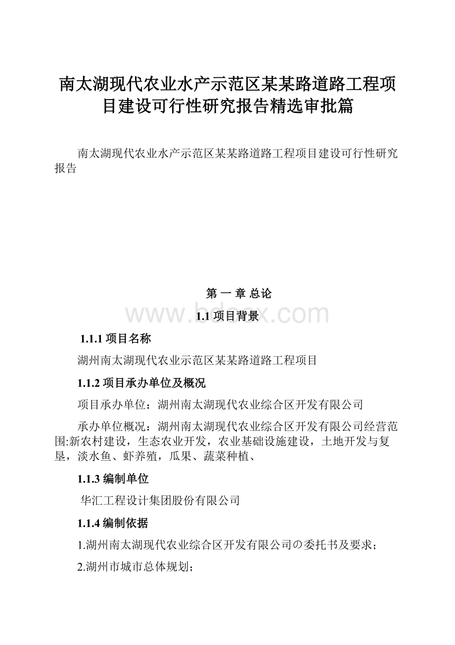 南太湖现代农业水产示范区某某路道路工程项目建设可行性研究报告精选审批篇.docx