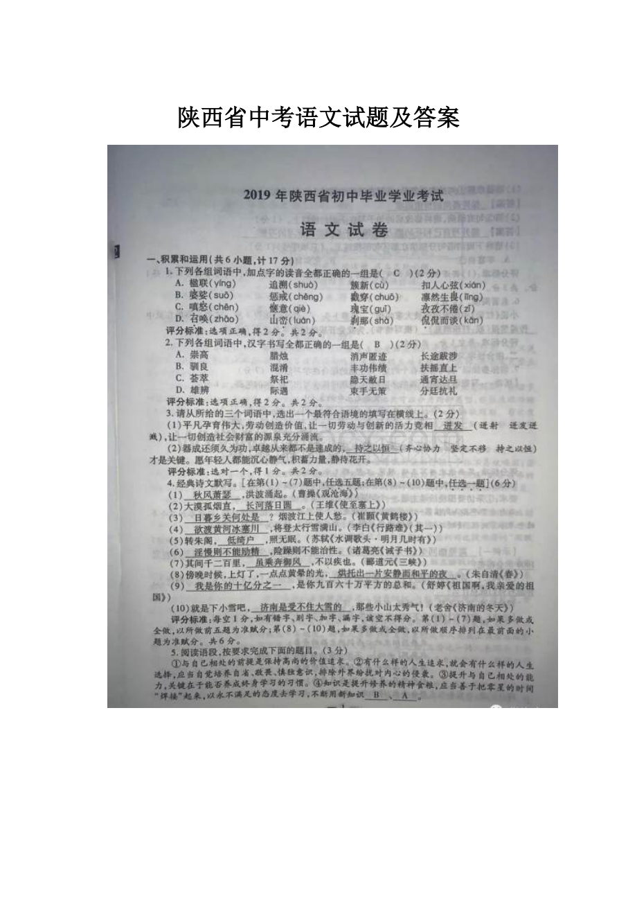 陕西省中考语文试题及答案.docx