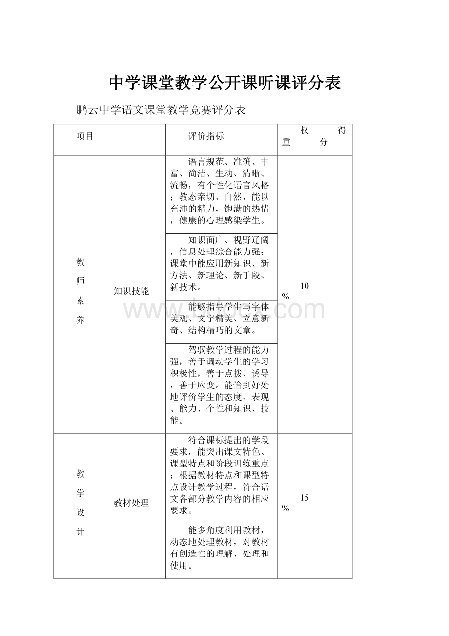 中学课堂教学公开课听课评分表.docx