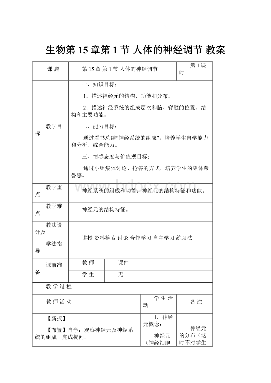 生物第15章第1节人体的神经调节 教案.docx_第1页