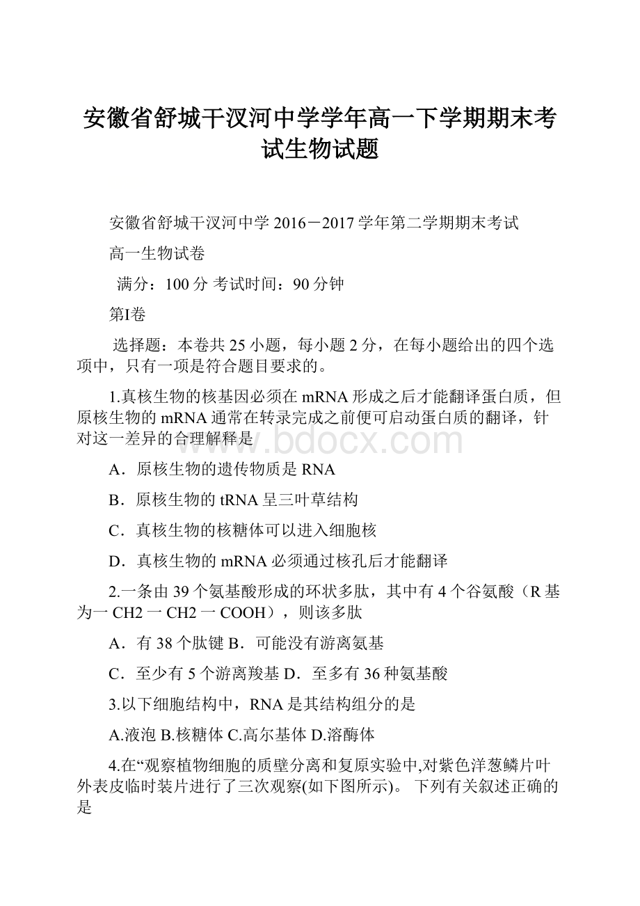 安徽省舒城干汊河中学学年高一下学期期末考试生物试题.docx_第1页