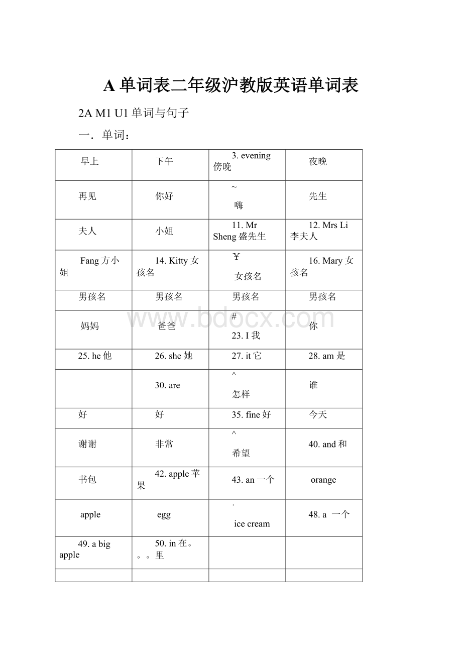 A单词表二年级沪教版英语单词表.docx