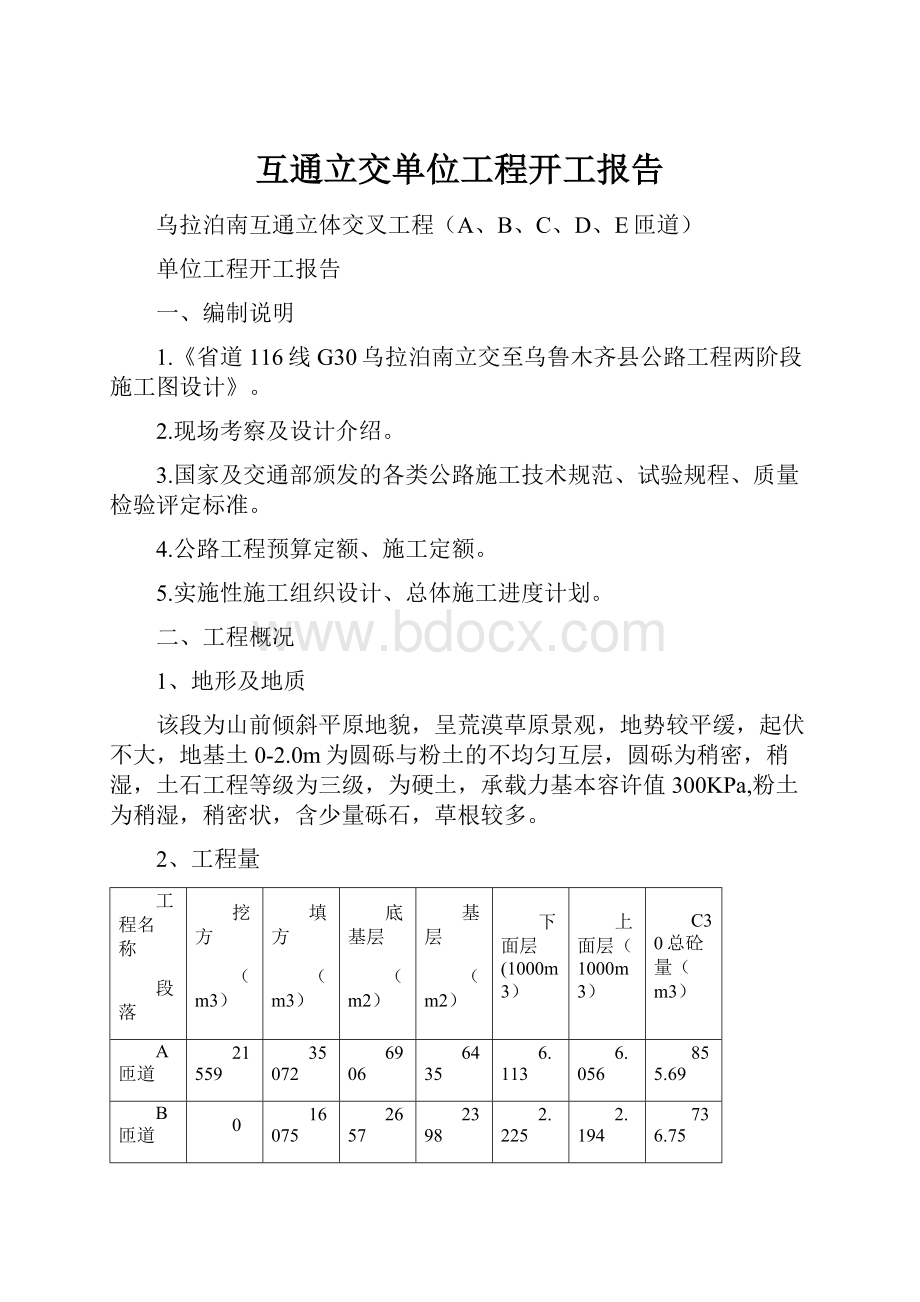 互通立交单位工程开工报告.docx_第1页