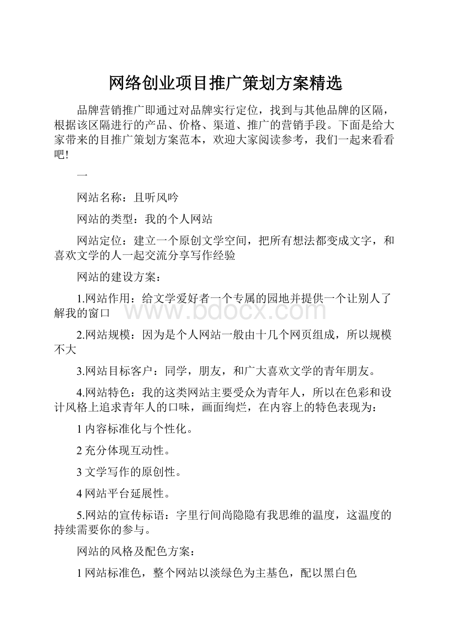 网络创业项目推广策划方案精选.docx_第1页