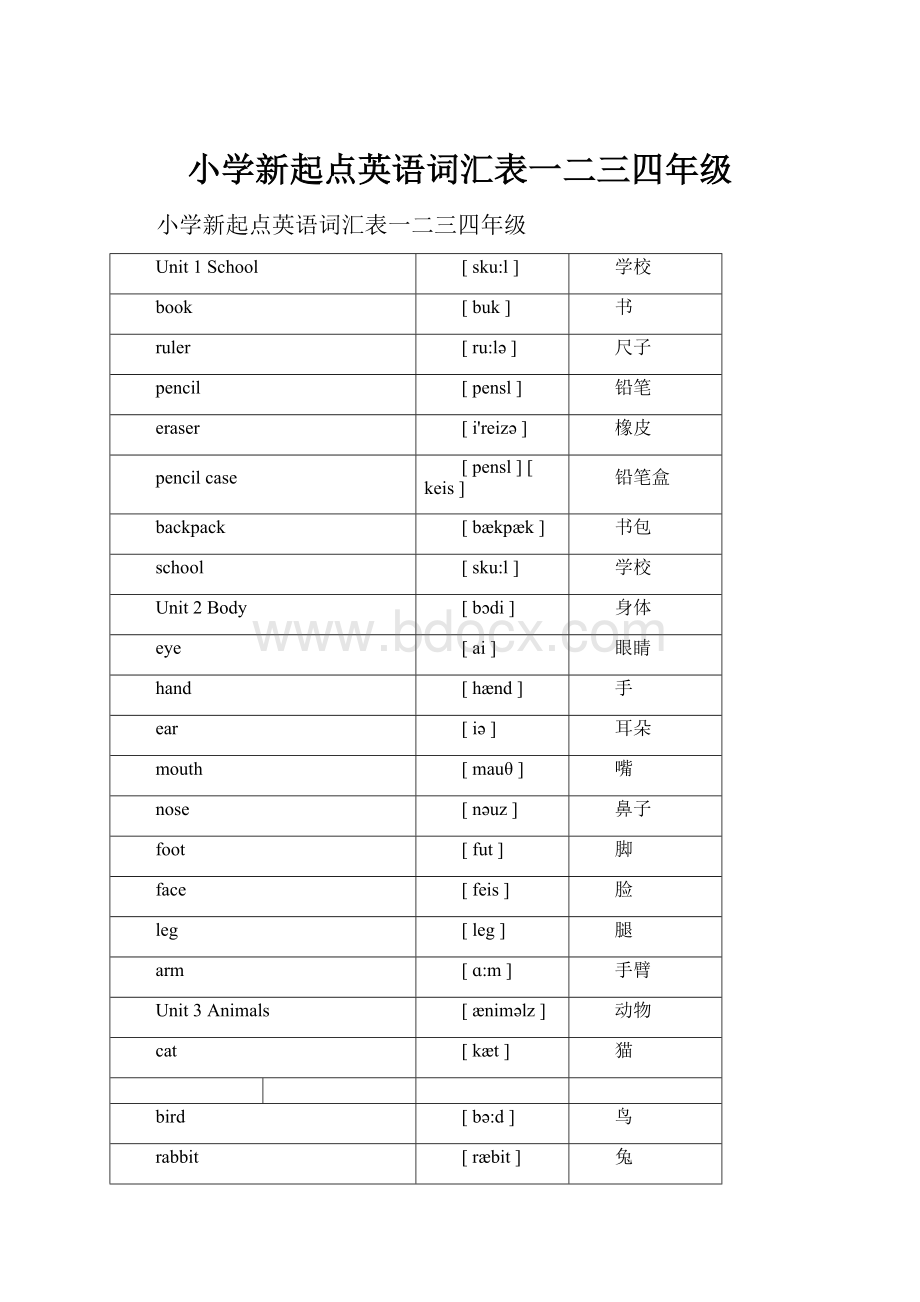 小学新起点英语词汇表一二三四年级.docx