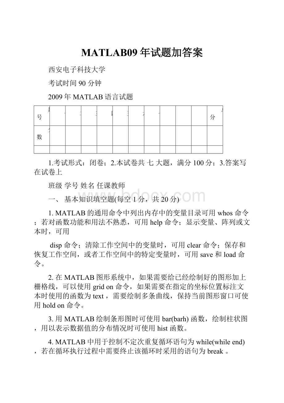 MATLAB09年试题加答案.docx_第1页