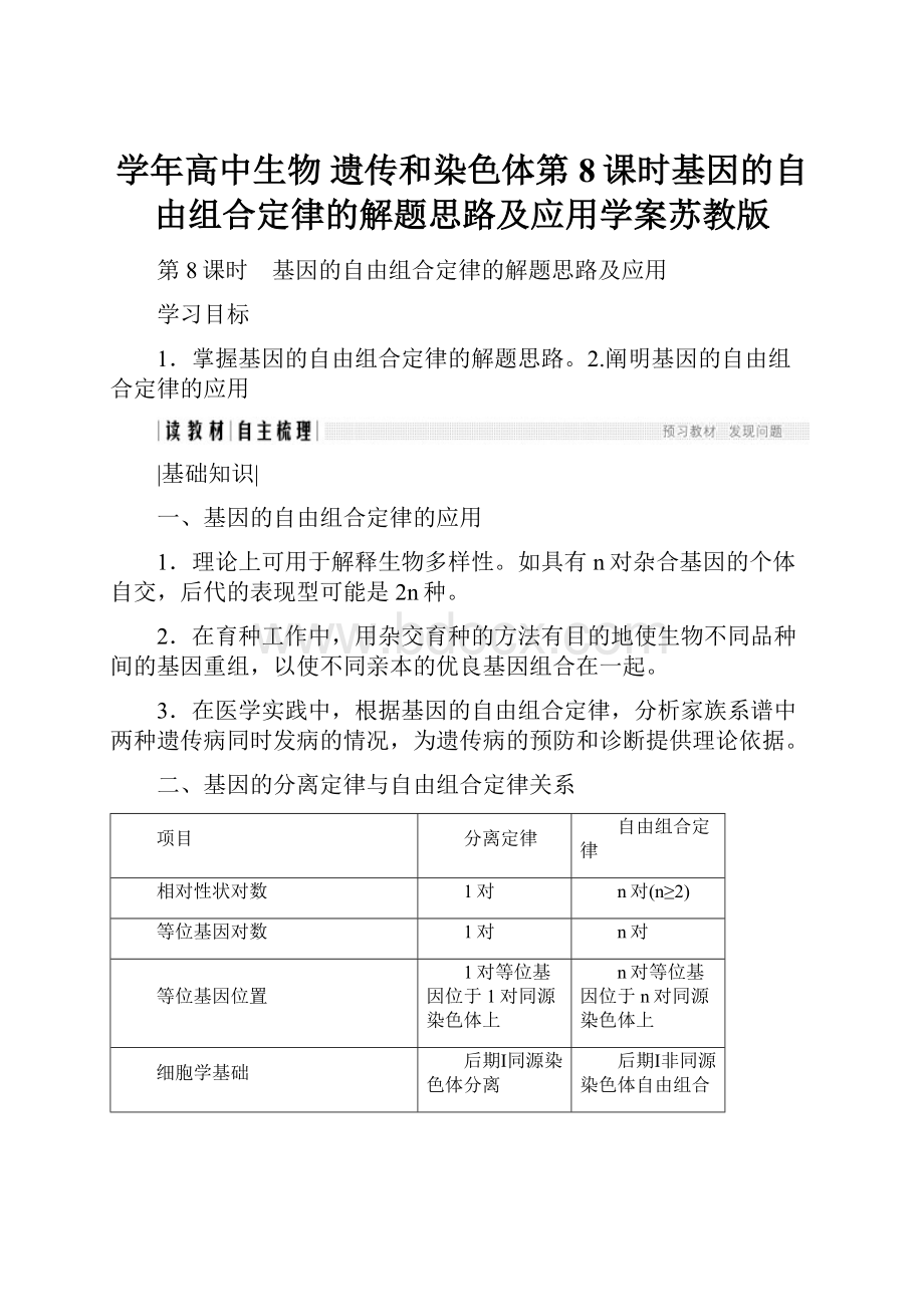 学年高中生物 遗传和染色体第8课时基因的自由组合定律的解题思路及应用学案苏教版.docx