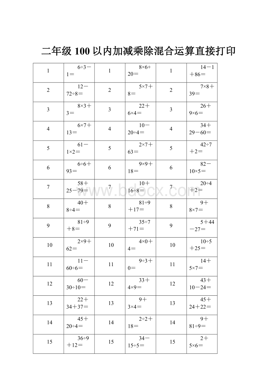 二年级100以内加减乘除混合运算直接打印.docx_第1页