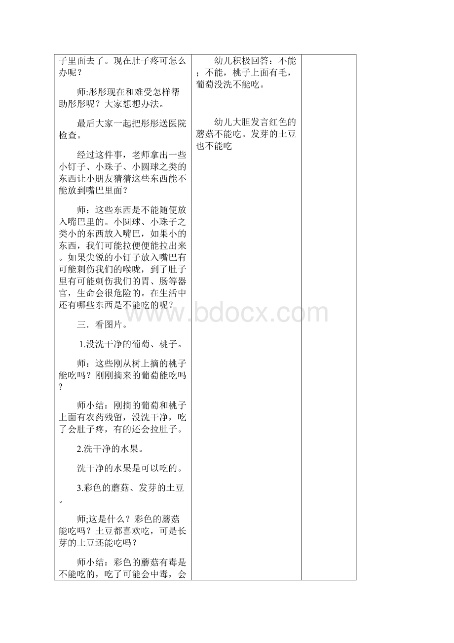 幼儿园学前健康小班《不乱吃东西》教学设计学情分析教材分析课后反思.docx_第3页