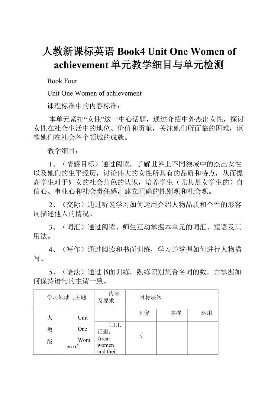 人教新课标英语Book4 Unit One Women of achievement单元教学细目与单元检测.docx_第1页