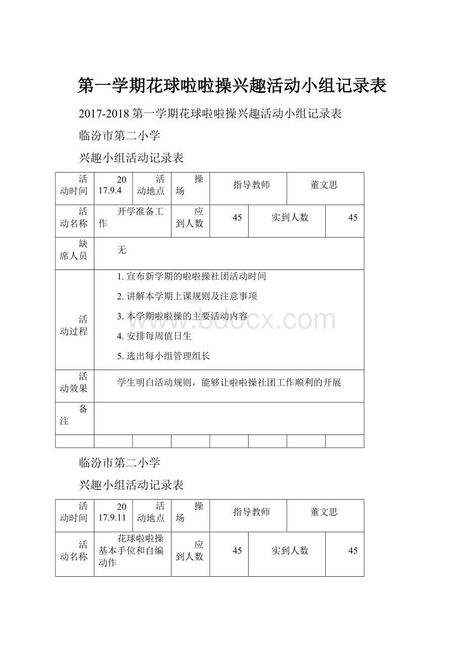 第一学期花球啦啦操兴趣活动小组记录表.docx_第1页