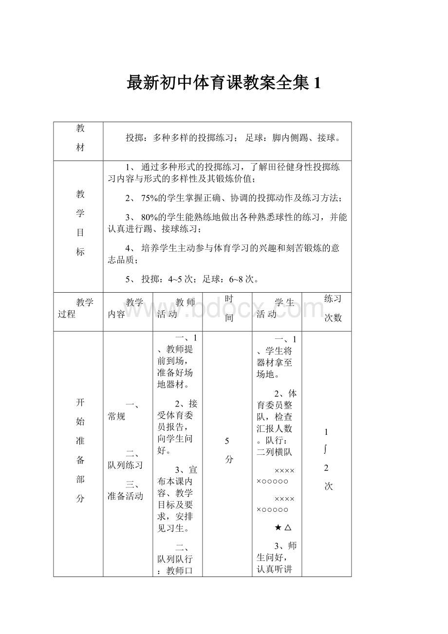 最新初中体育课教案全集1.docx