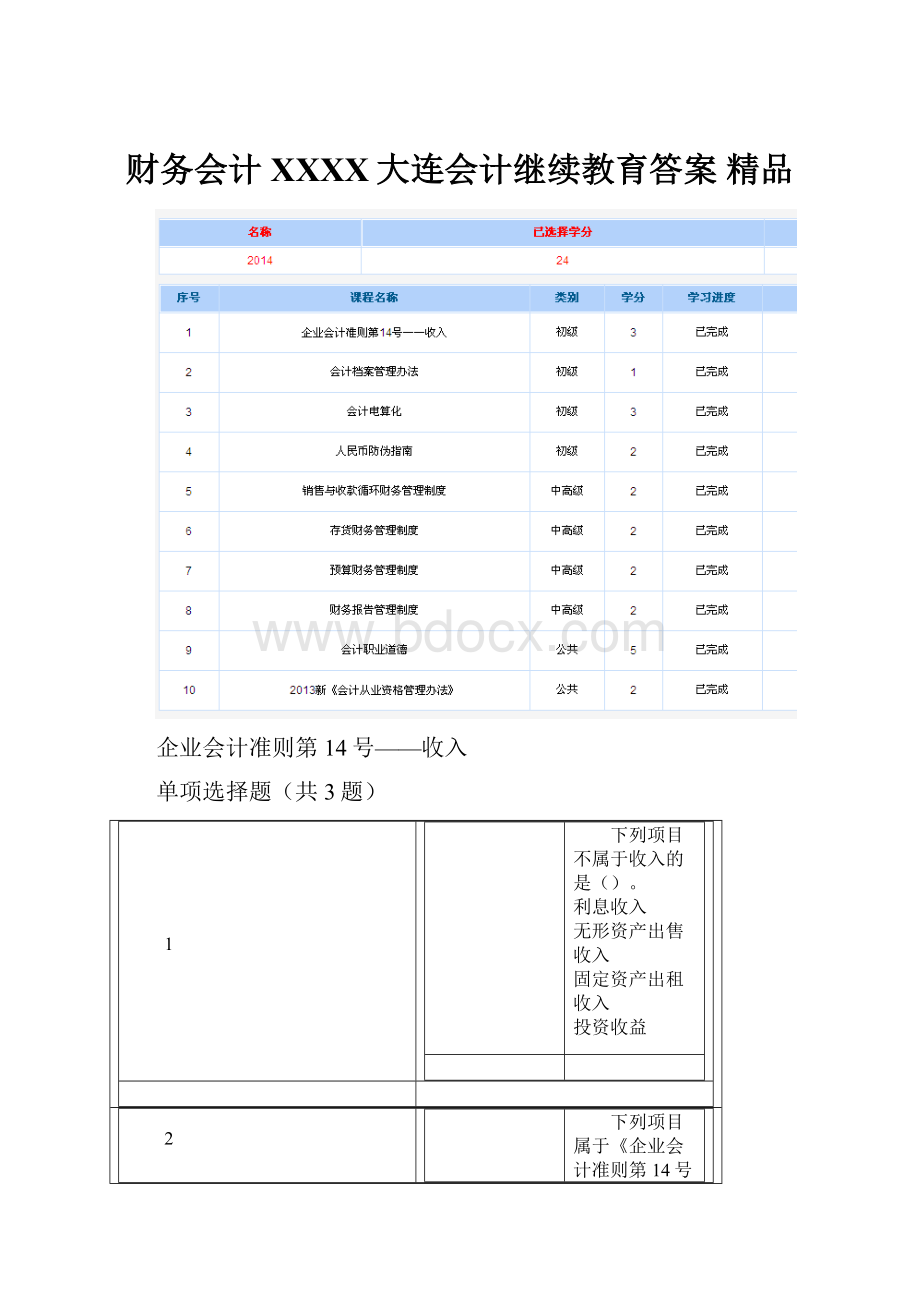 财务会计XXXX大连会计继续教育答案 精品.docx