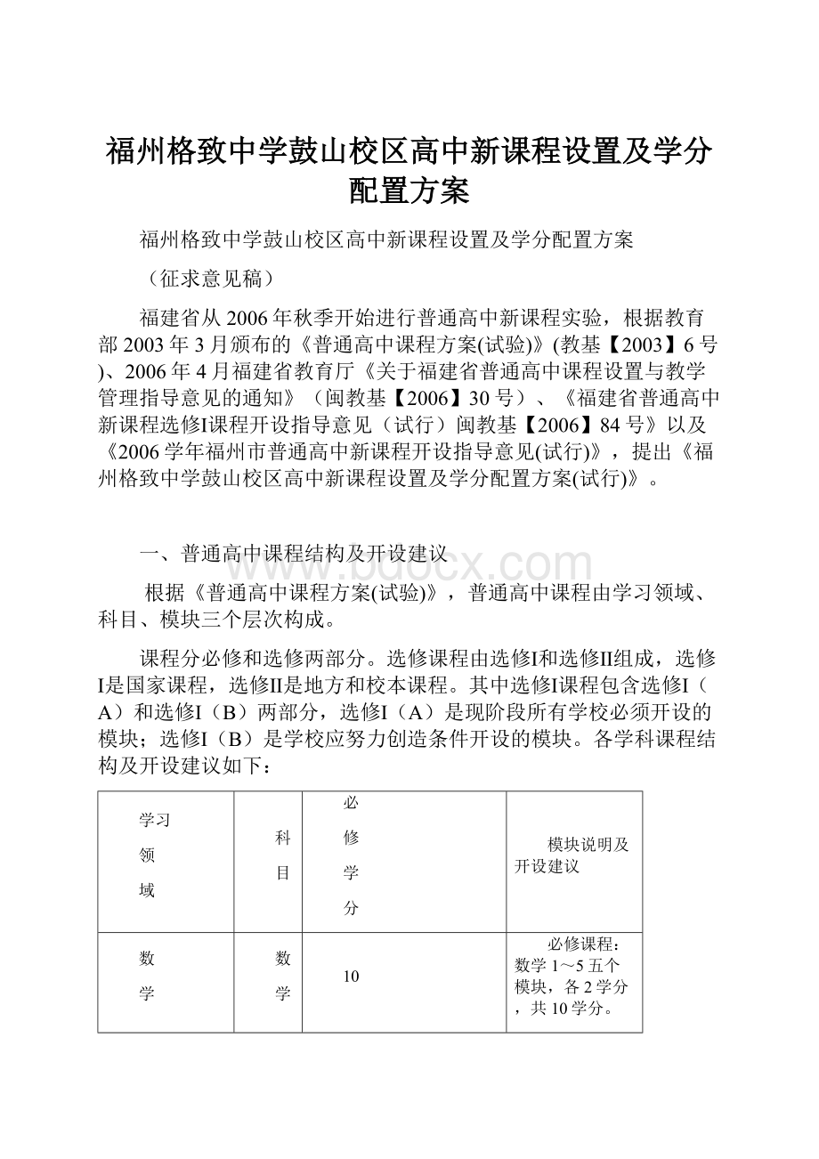 福州格致中学鼓山校区高中新课程设置及学分配置方案.docx