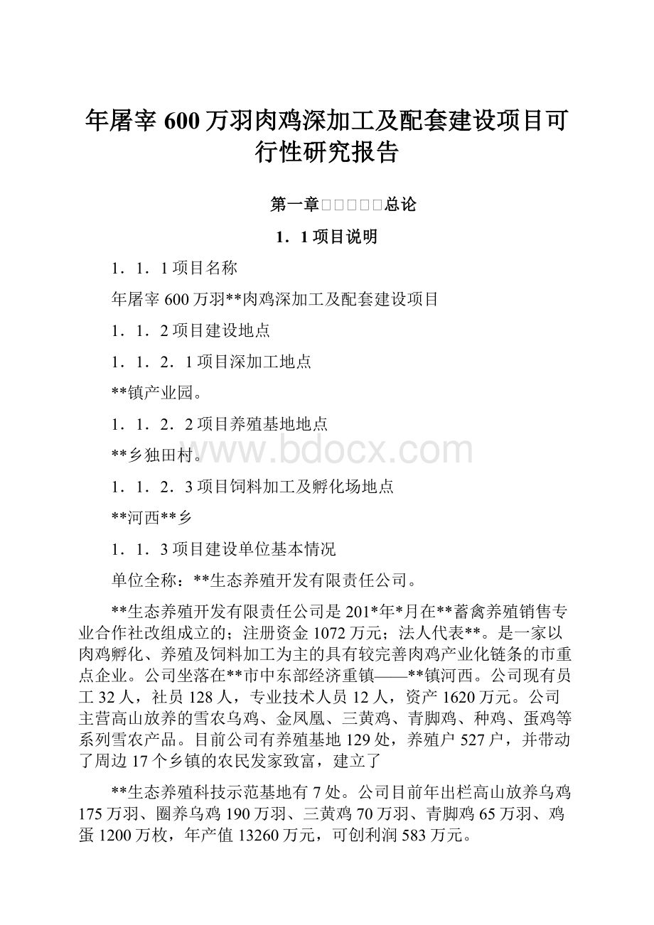 年屠宰600万羽肉鸡深加工及配套建设项目可行性研究报告.docx_第1页