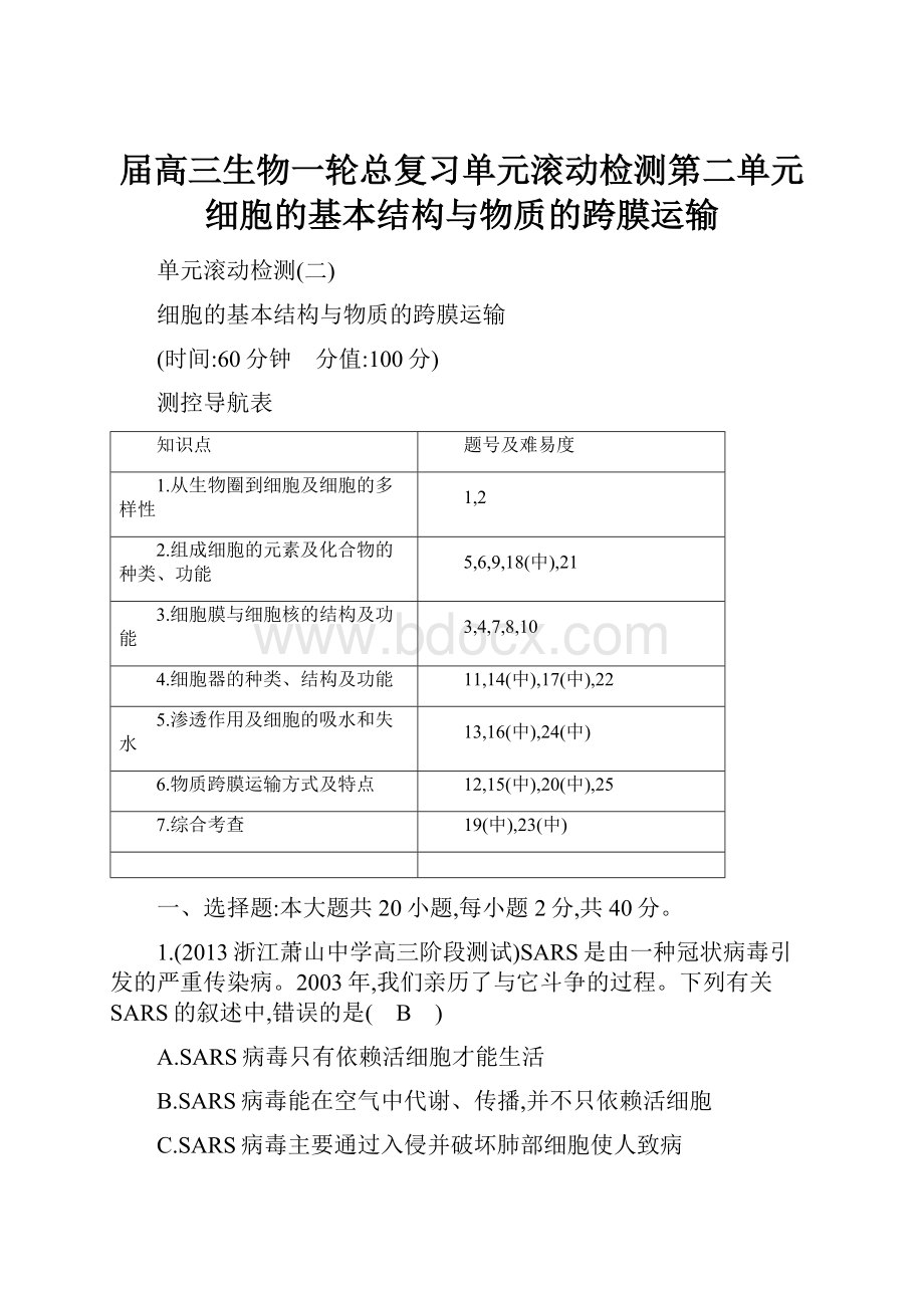 届高三生物一轮总复习单元滚动检测第二单元 细胞的基本结构与物质的跨膜运输.docx_第1页