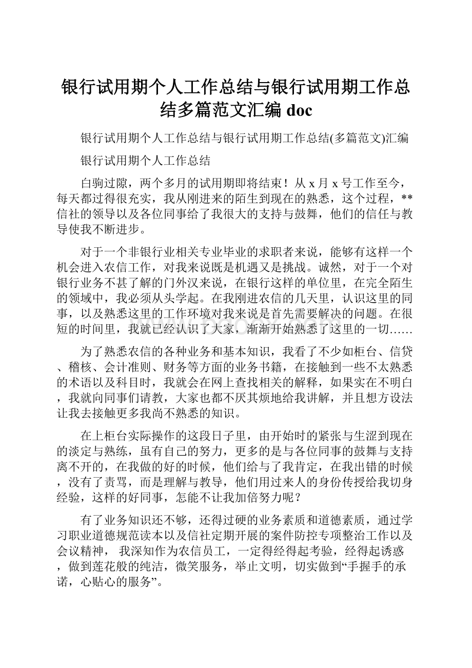 银行试用期个人工作总结与银行试用期工作总结多篇范文汇编doc.docx