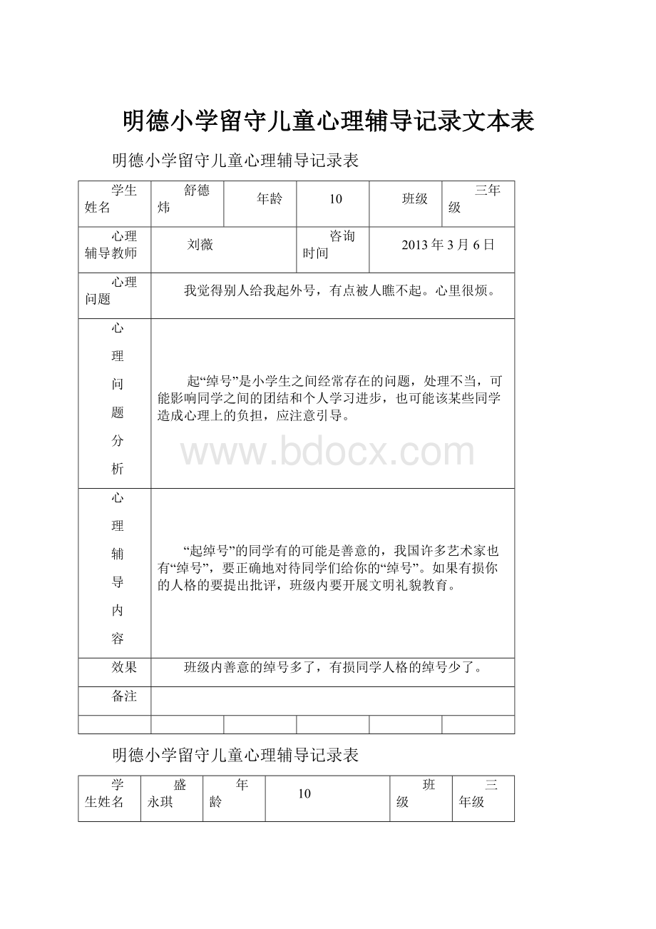 明德小学留守儿童心理辅导记录文本表.docx_第1页