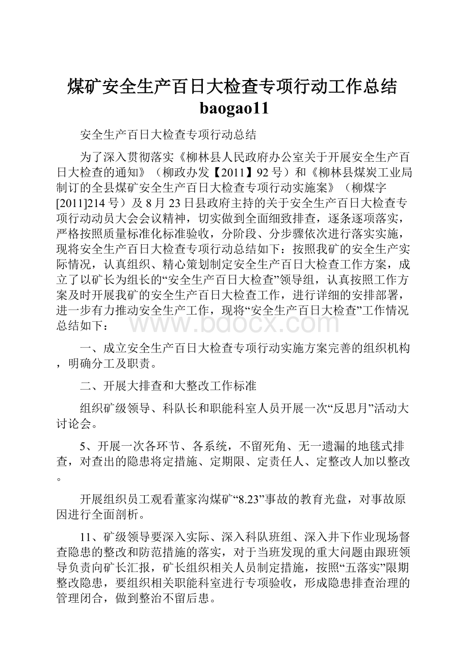 煤矿安全生产百日大检查专项行动工作总结baogao11.docx