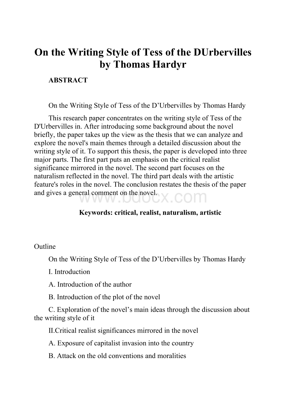 On the Writing Style of Tess of the DUrbervilles by Thomas Hardyr.docx