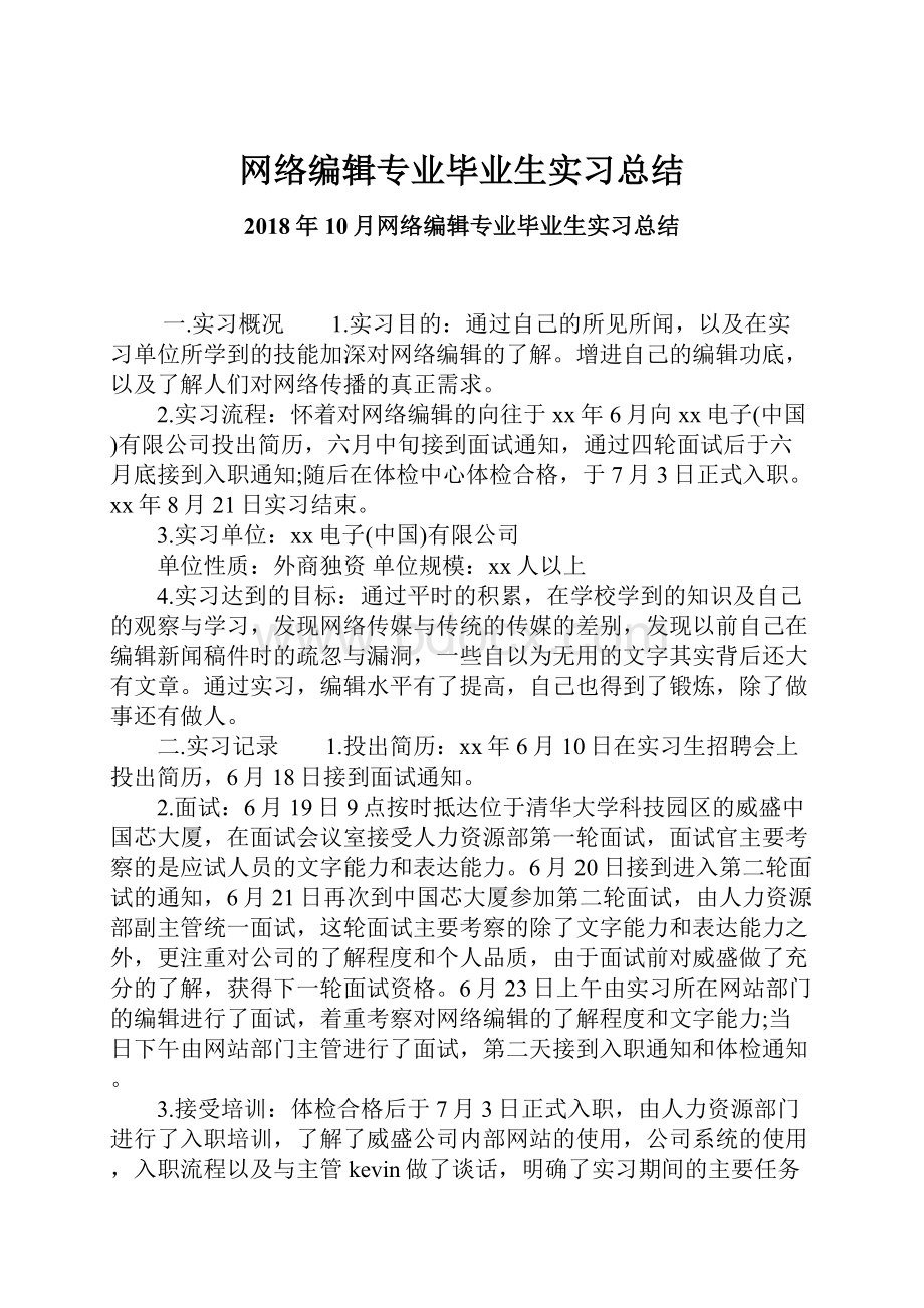 网络编辑专业毕业生实习总结.docx_第1页