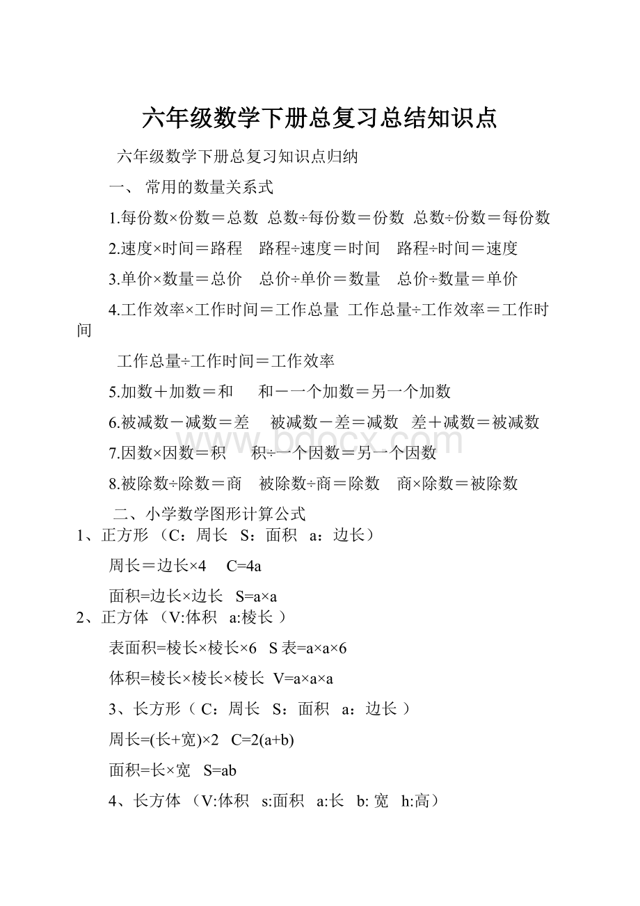 六年级数学下册总复习总结知识点.docx