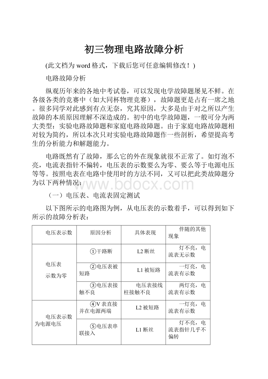 初三物理电路故障分析.docx