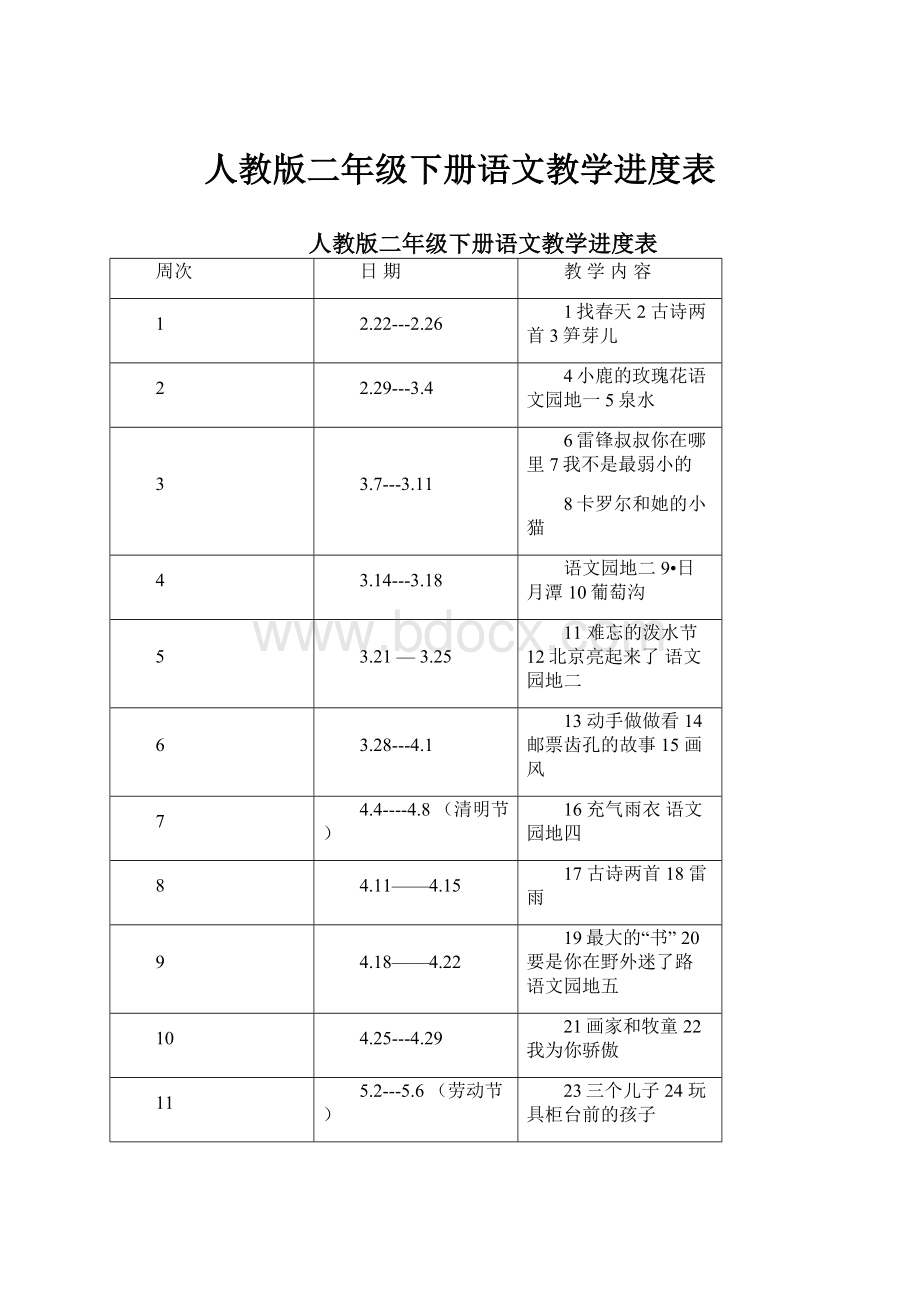 人教版二年级下册语文教学进度表.docx