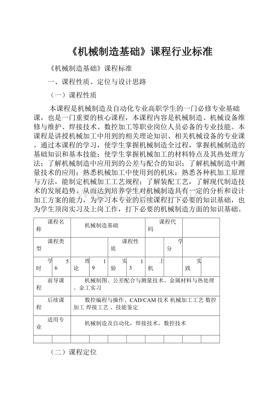 《机械制造基础》课程行业标准.docx_第1页