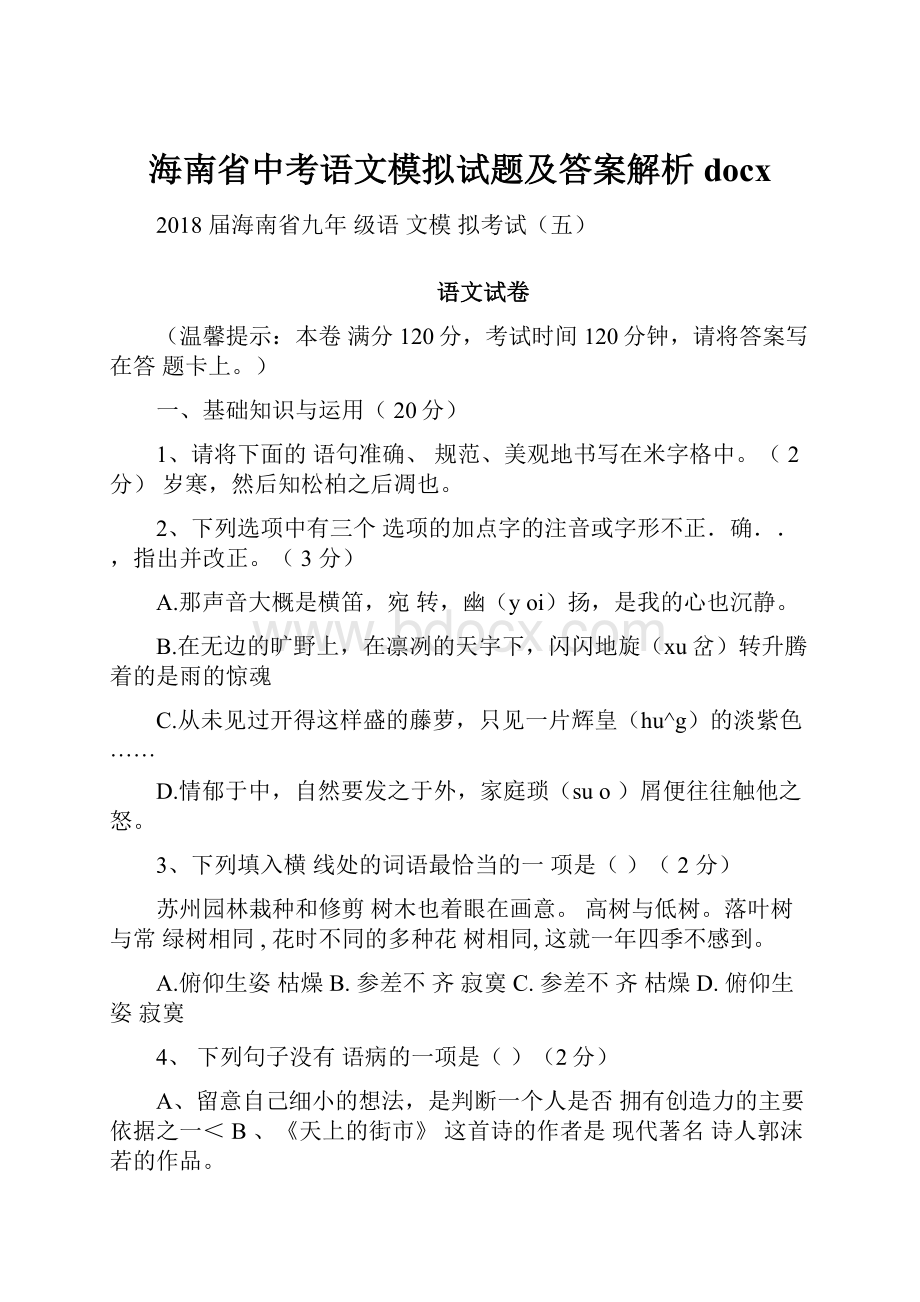 海南省中考语文模拟试题及答案解析docx.docx_第1页