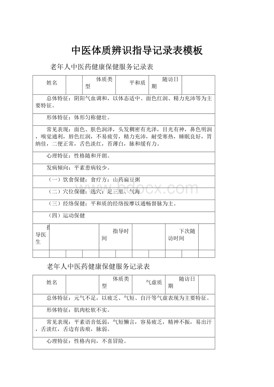中医体质辨识指导记录表模板.docx_第1页