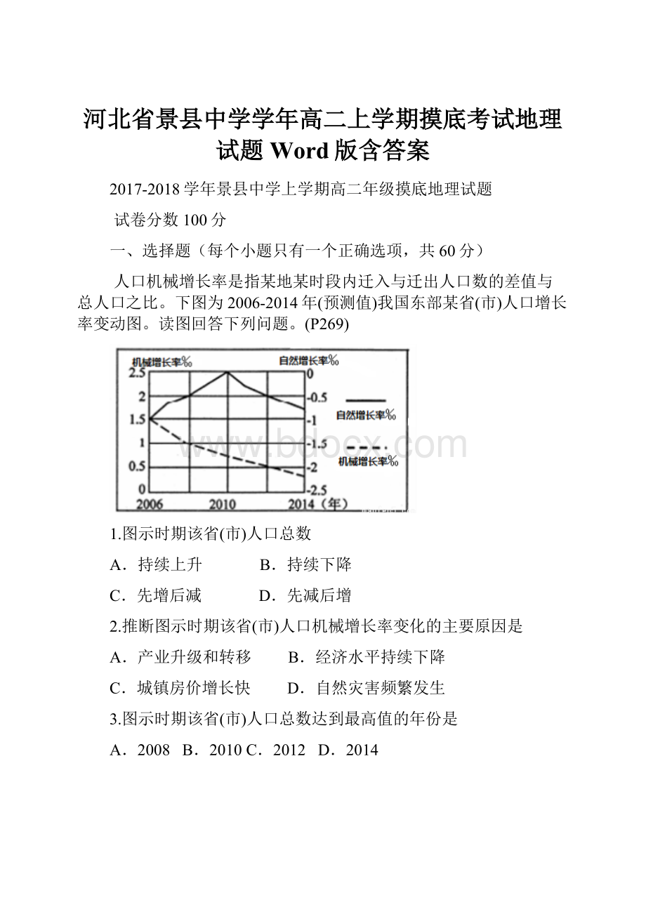 河北省景县中学学年高二上学期摸底考试地理试题 Word版含答案.docx