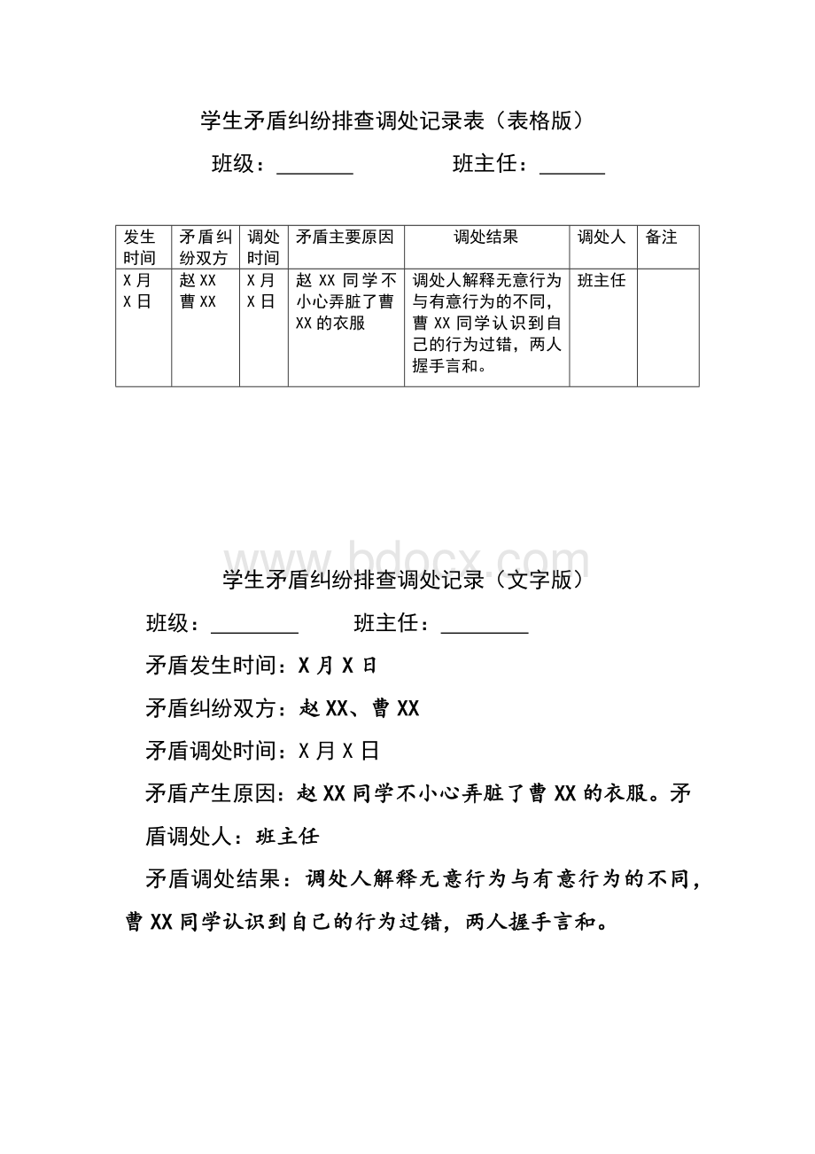 学生矛盾纠纷排查调处记录(表格版、文字版).docx_第1页