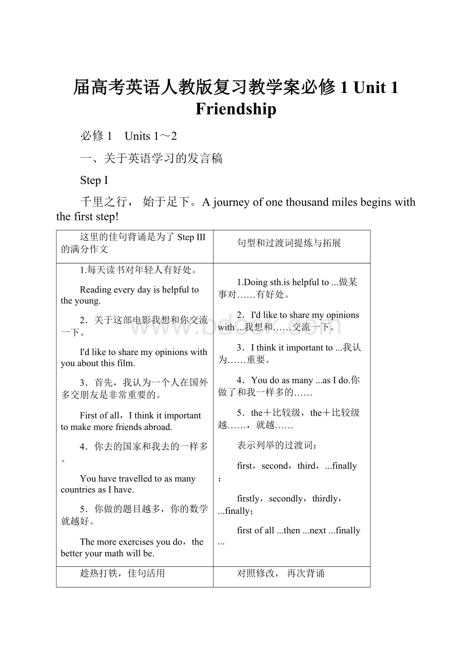 届高考英语人教版复习教学案必修1 Unit 1 Friendship.docx_第1页