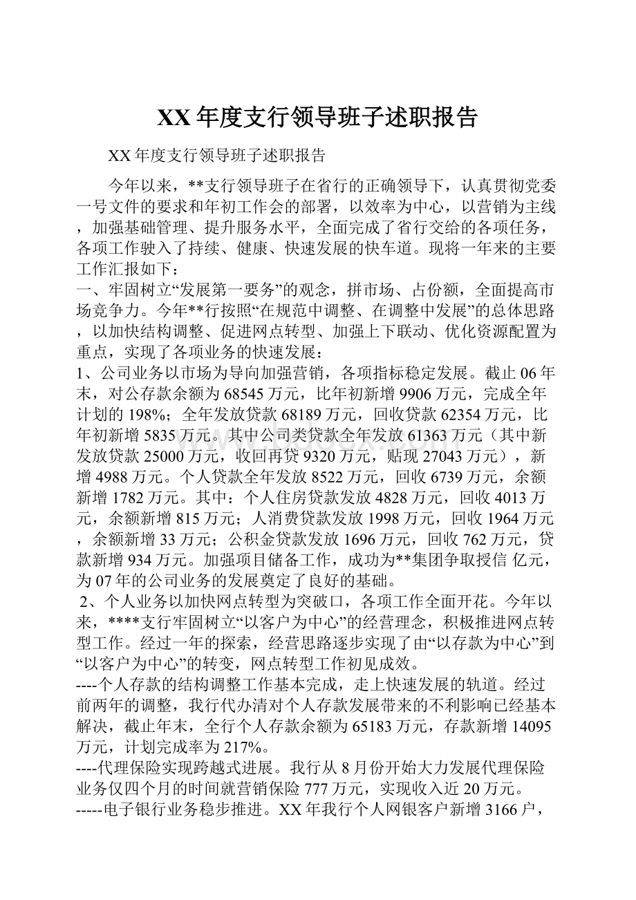 XX年度支行领导班子述职报告.docx_第1页