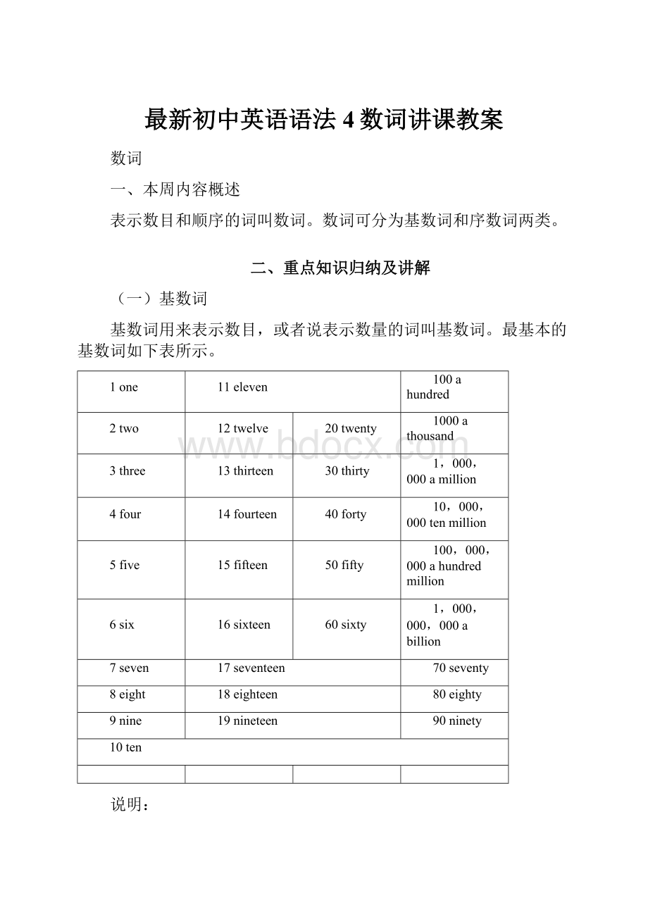 最新初中英语语法4数词讲课教案.docx