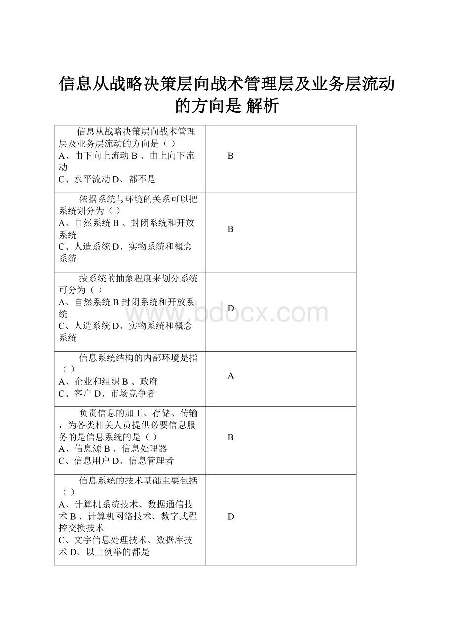 信息从战略决策层向战术管理层及业务层流动的方向是 解析.docx