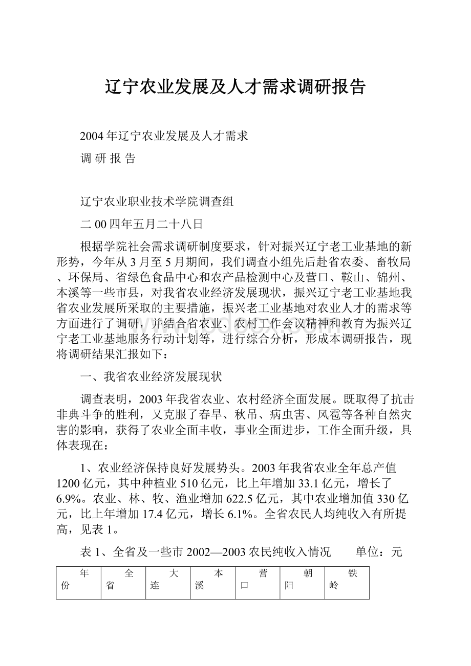 辽宁农业发展及人才需求调研报告.docx