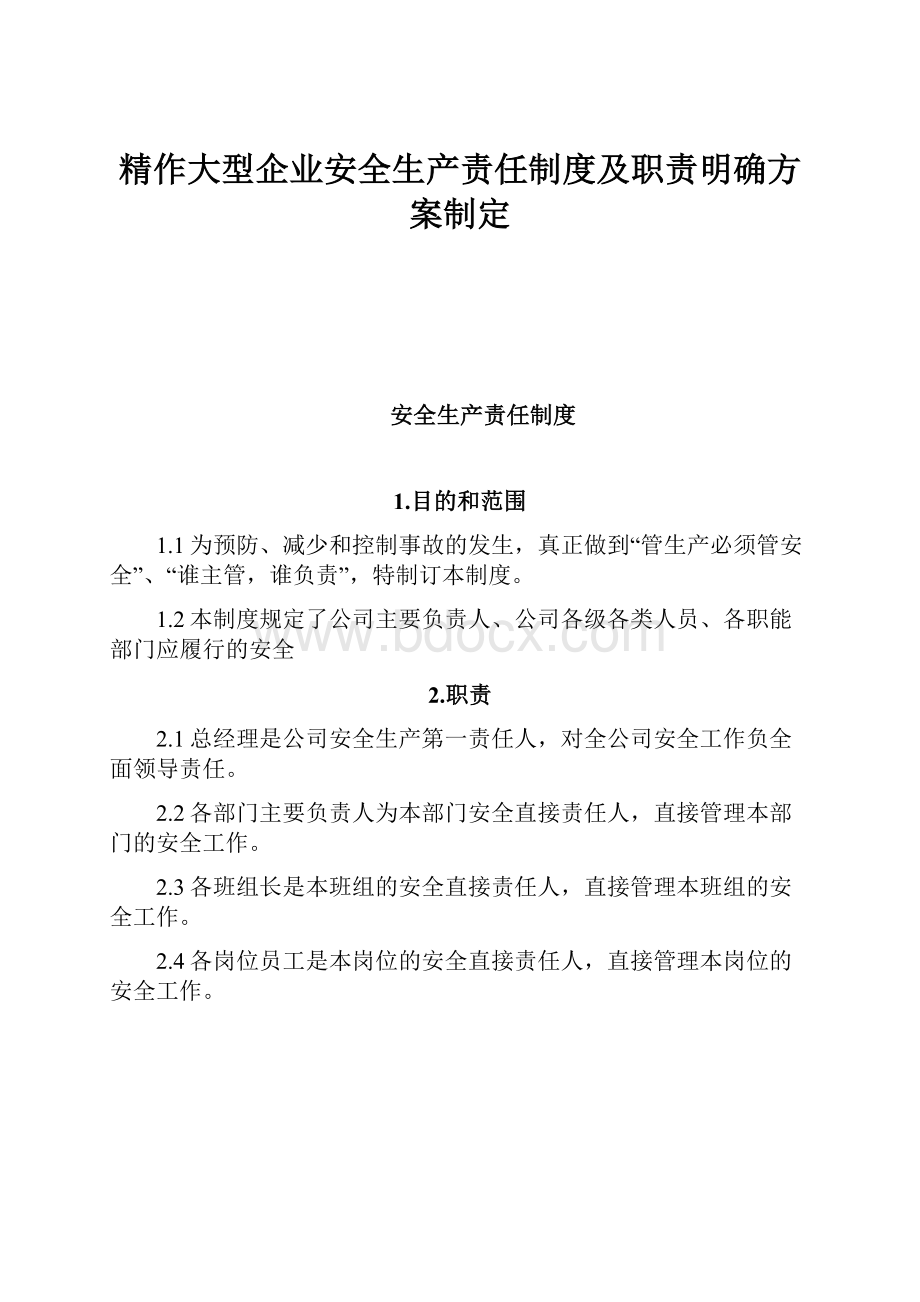 精作大型企业安全生产责任制度及职责明确方案制定.docx_第1页