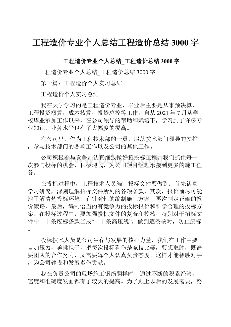 工程造价专业个人总结工程造价总结3000字.docx