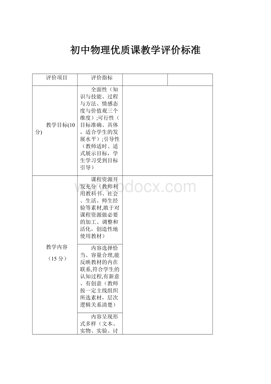 初中物理优质课教学评价标准.docx_第1页