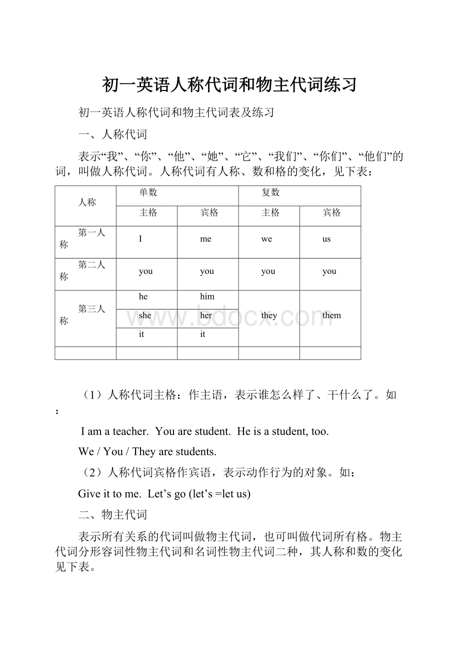 初一英语人称代词和物主代词练习.docx_第1页