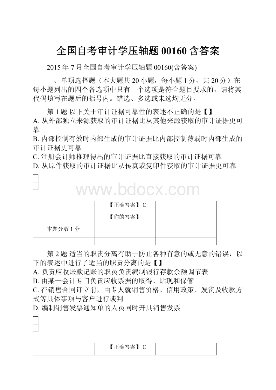 全国自考审计学压轴题00160含答案.docx