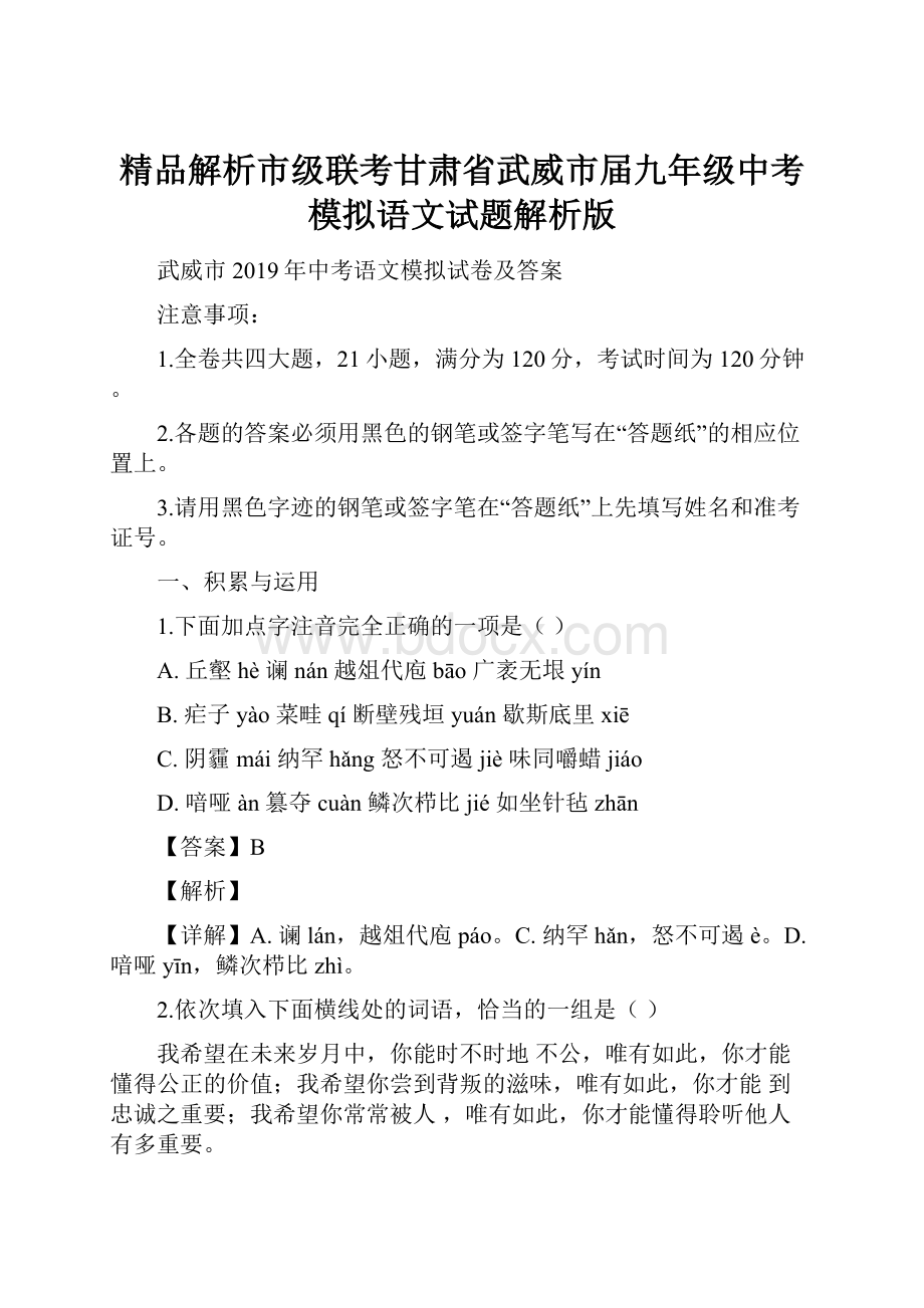 精品解析市级联考甘肃省武威市届九年级中考模拟语文试题解析版.docx