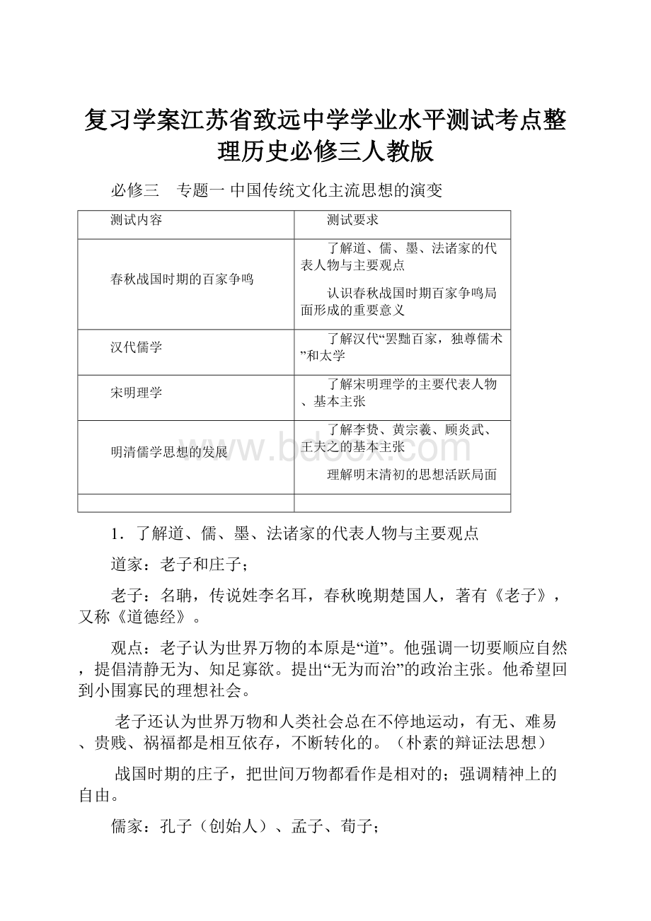 复习学案江苏省致远中学学业水平测试考点整理历史必修三人教版.docx