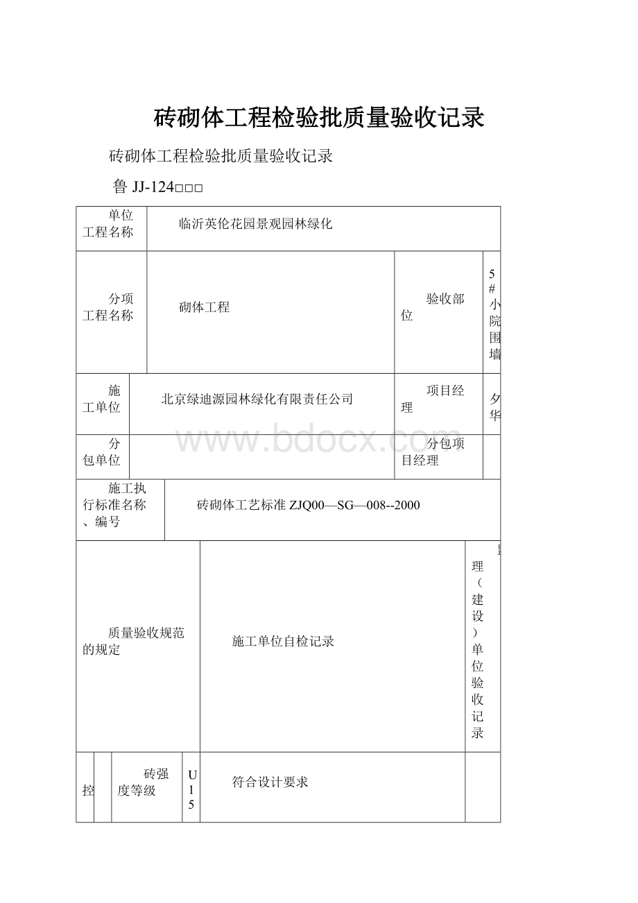 砖砌体工程检验批质量验收记录.docx_第1页