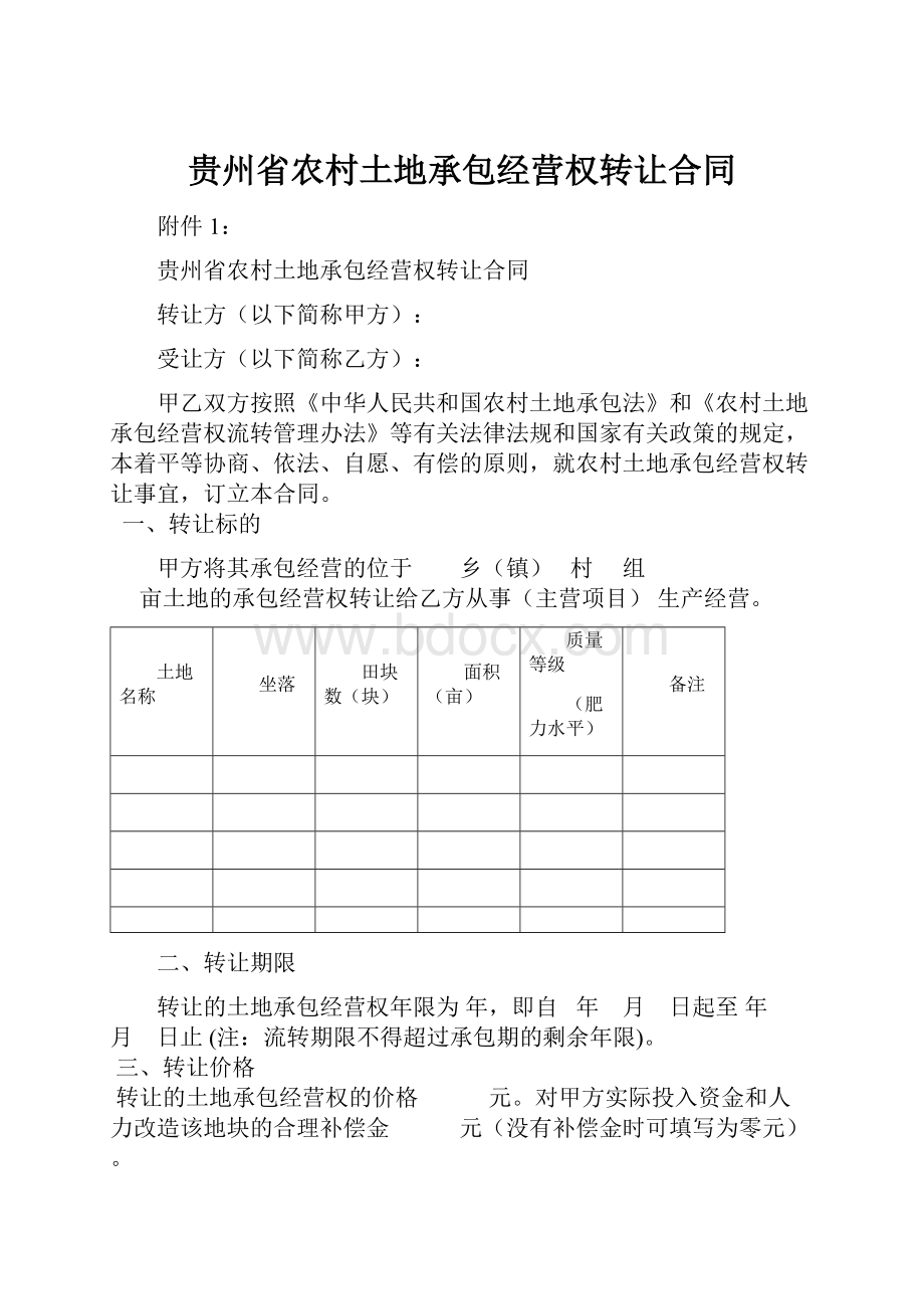 贵州省农村土地承包经营权转让合同.docx_第1页