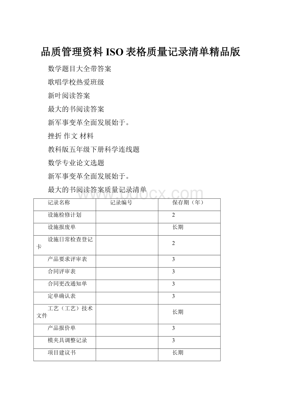 品质管理资料ISO表格质量记录清单精品版.docx_第1页