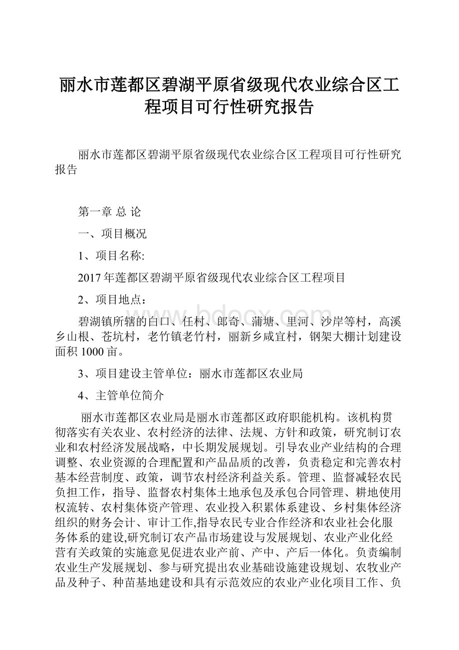 丽水市莲都区碧湖平原省级现代农业综合区工程项目可行性研究报告.docx_第1页