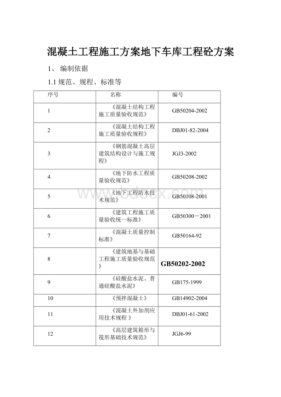 混凝土工程施工方案地下车库工程砼方案.docx_第1页